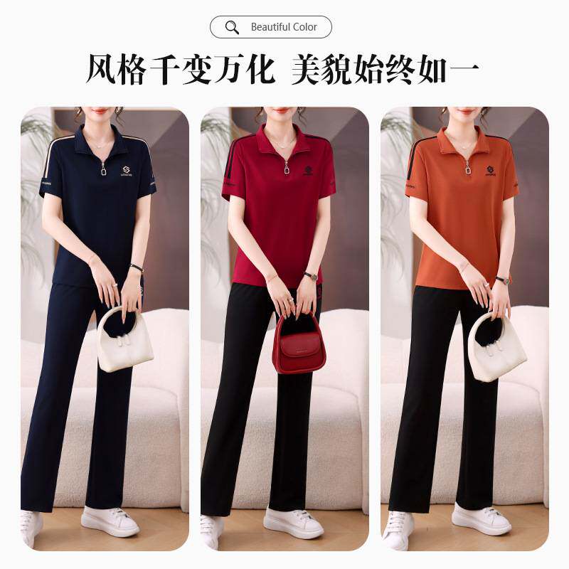 专柜品牌妈妈夏装短袖T恤上衣中老年人休闲运动套装女夏两件套母
