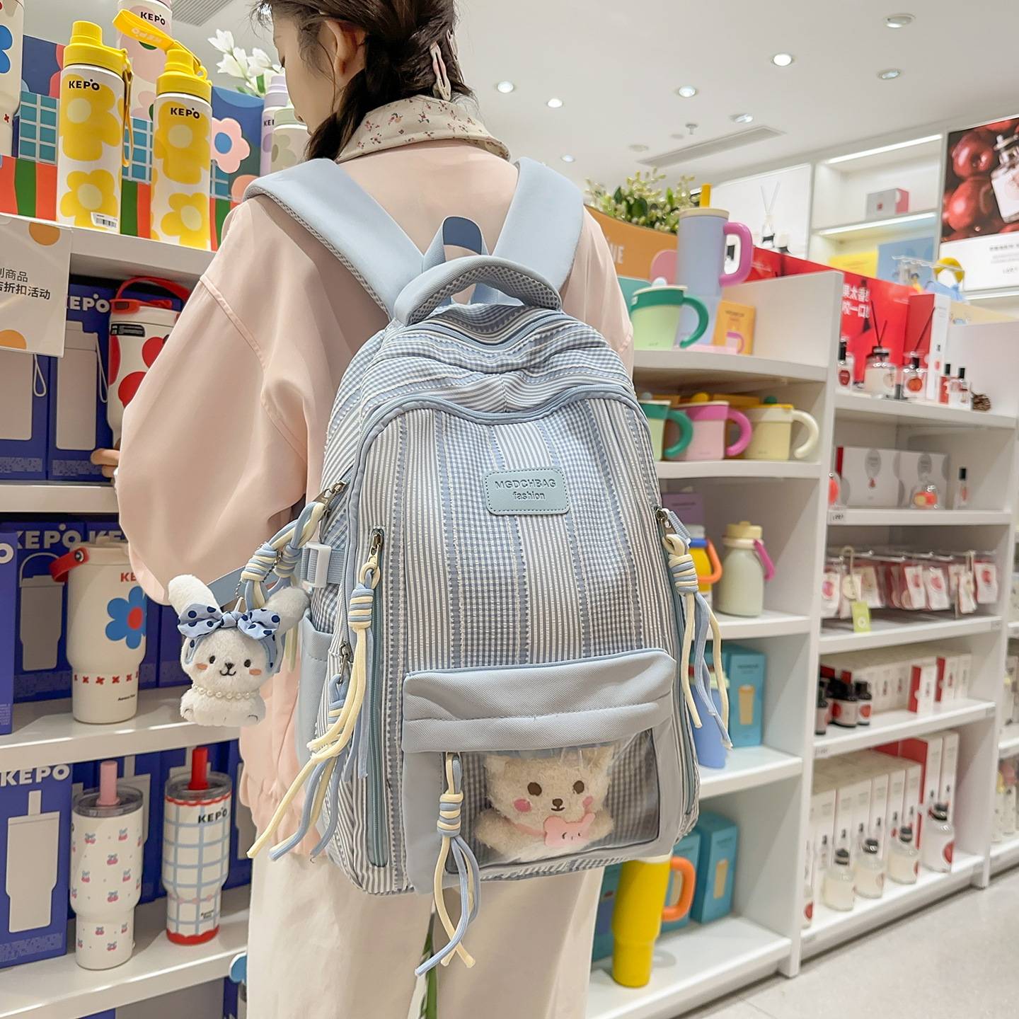 专柜学院风格子书包女大学生初中生背包轻便简约大容量上课女生双