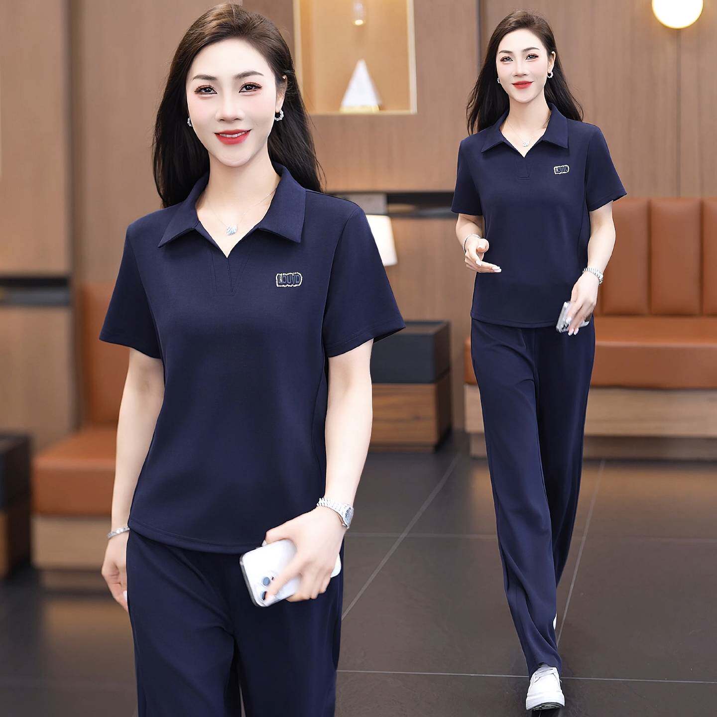 专柜品牌运动套装女夏季2026新款polo领短袖长裤时尚显瘦冰丝休闲