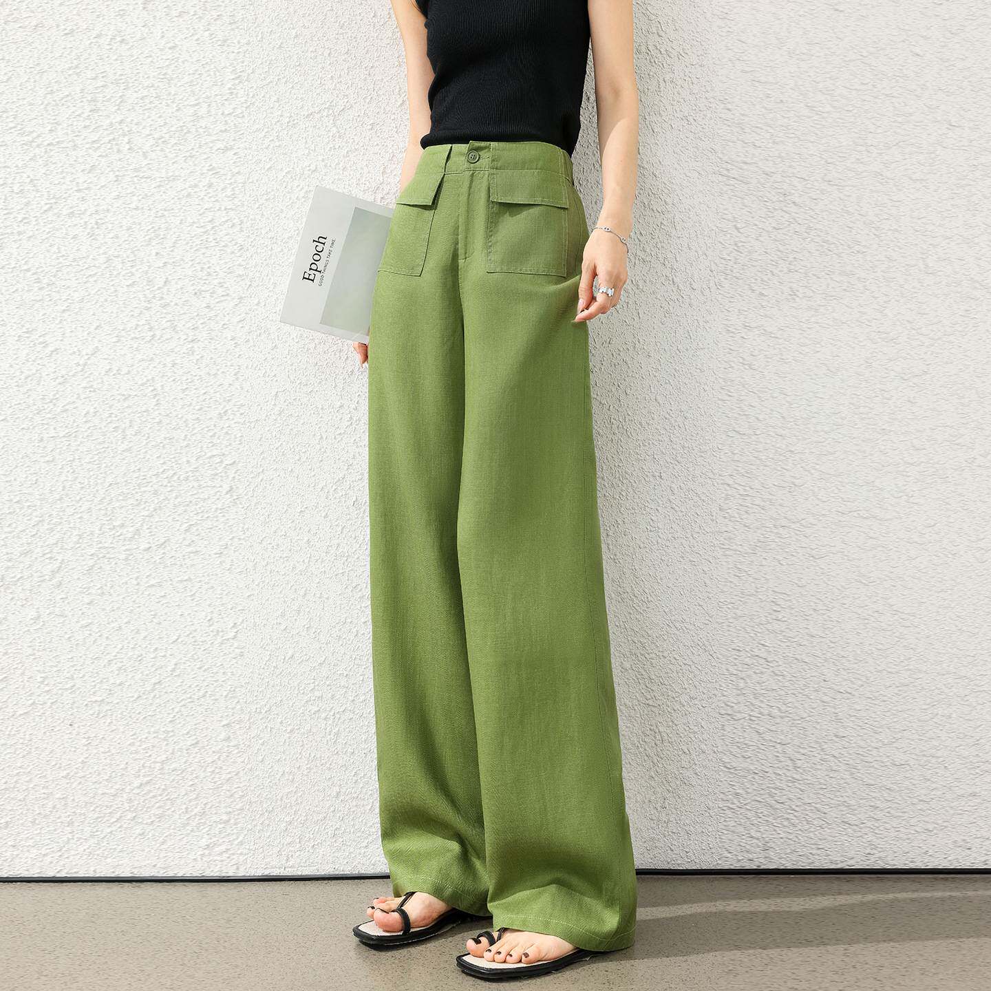 专柜品牌垂感亚麻裤女夏薄款直筒休闲裤宽松慵懒风显瘦高腰窄版天