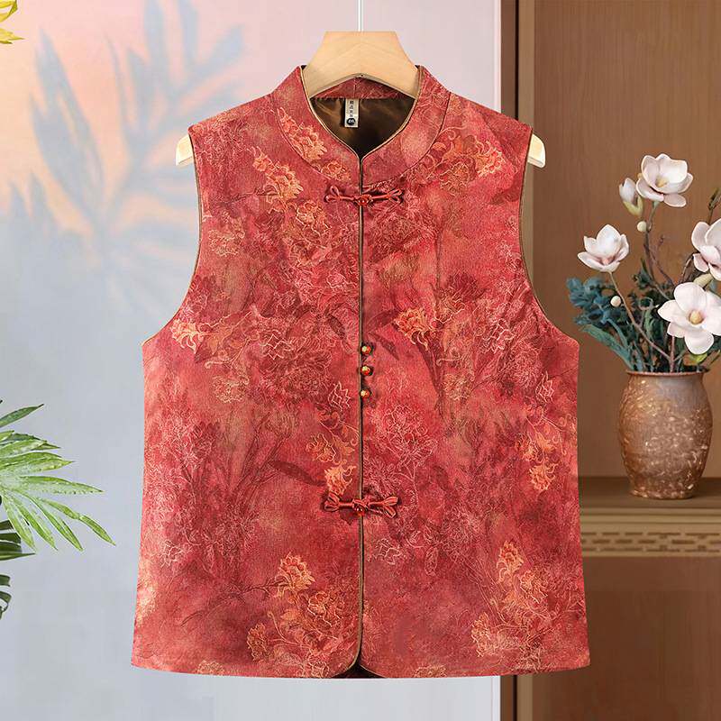 专柜品牌中老年女装洋气国风背心外穿上衣妈妈早春无袖立领盘扣新