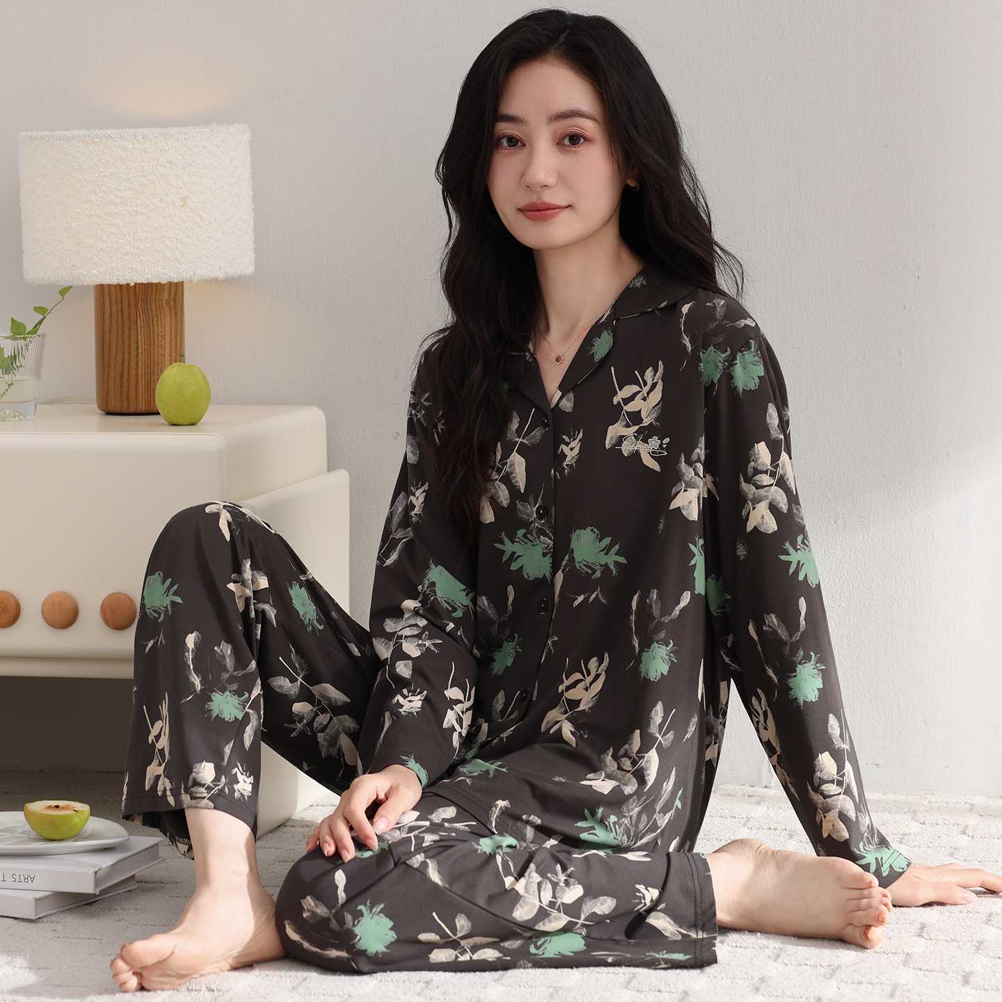 专柜春秋睡衣女士纯棉长袖秋季四季翻领休闲家居服可外穿中年妈妈