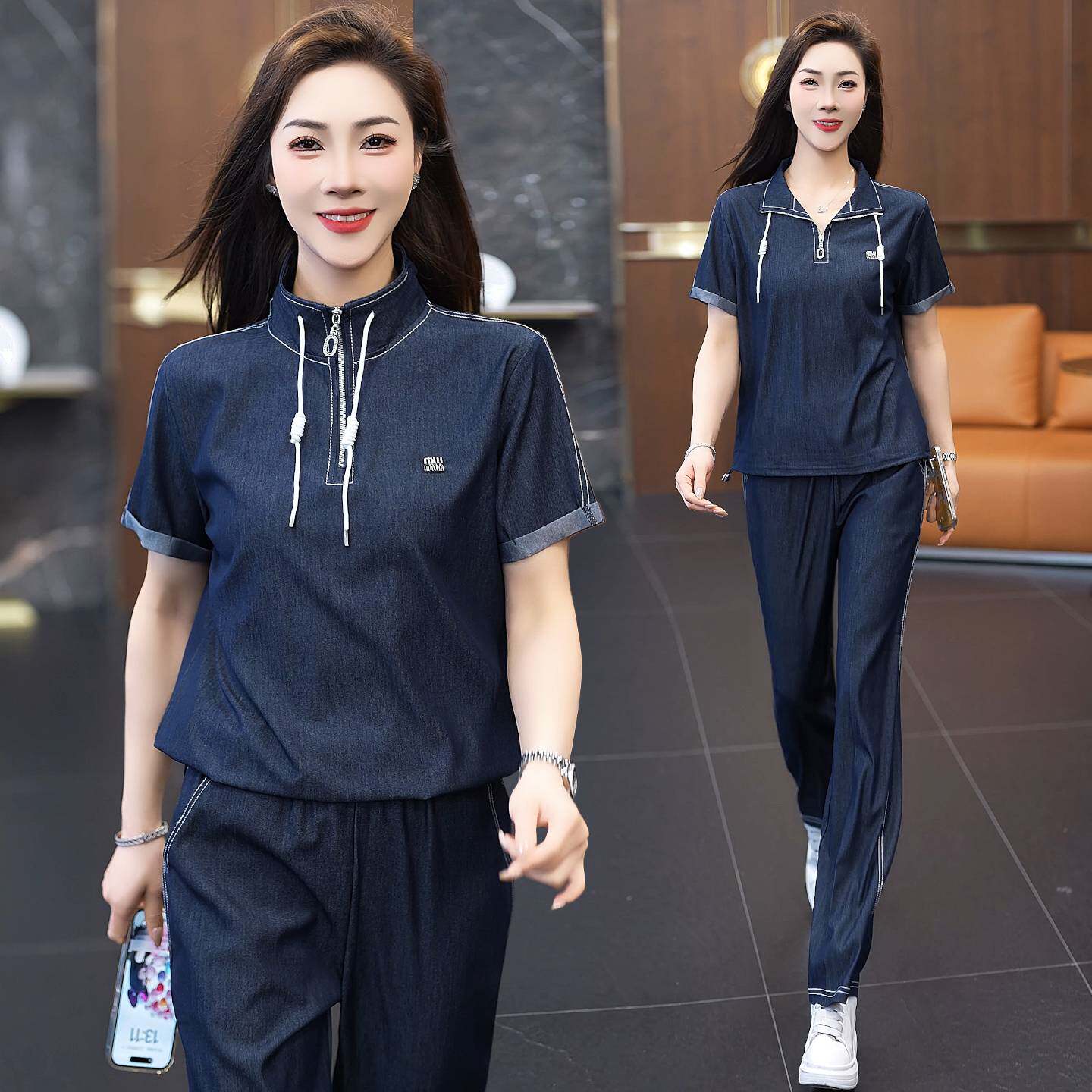 专柜品牌运动套装女夏季2026新款立领短袖显瘦时尚牛仔休闲两件套