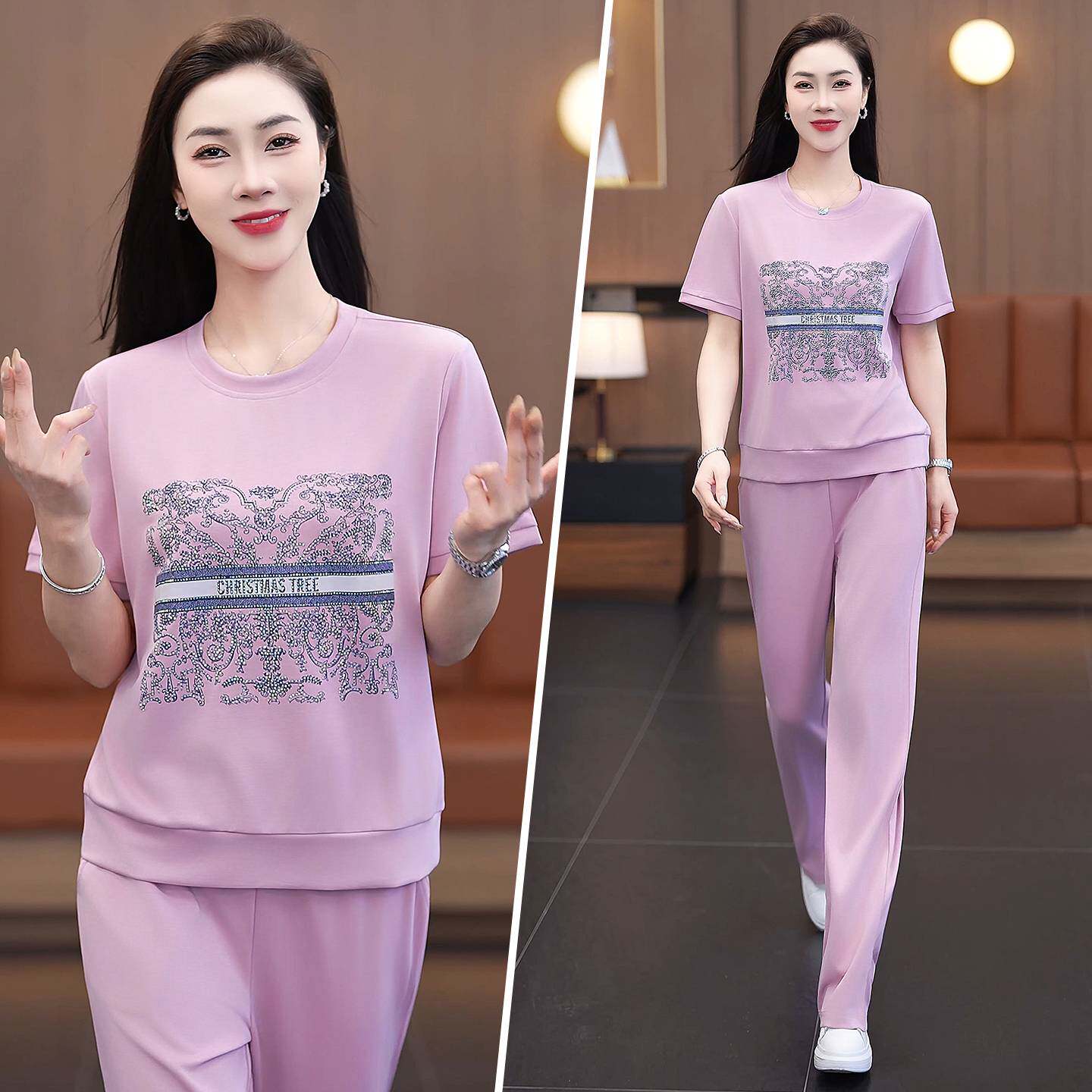 专柜品牌休闲运动套装女2026夏季新款短袖印花冰丝两件套时髦减龄