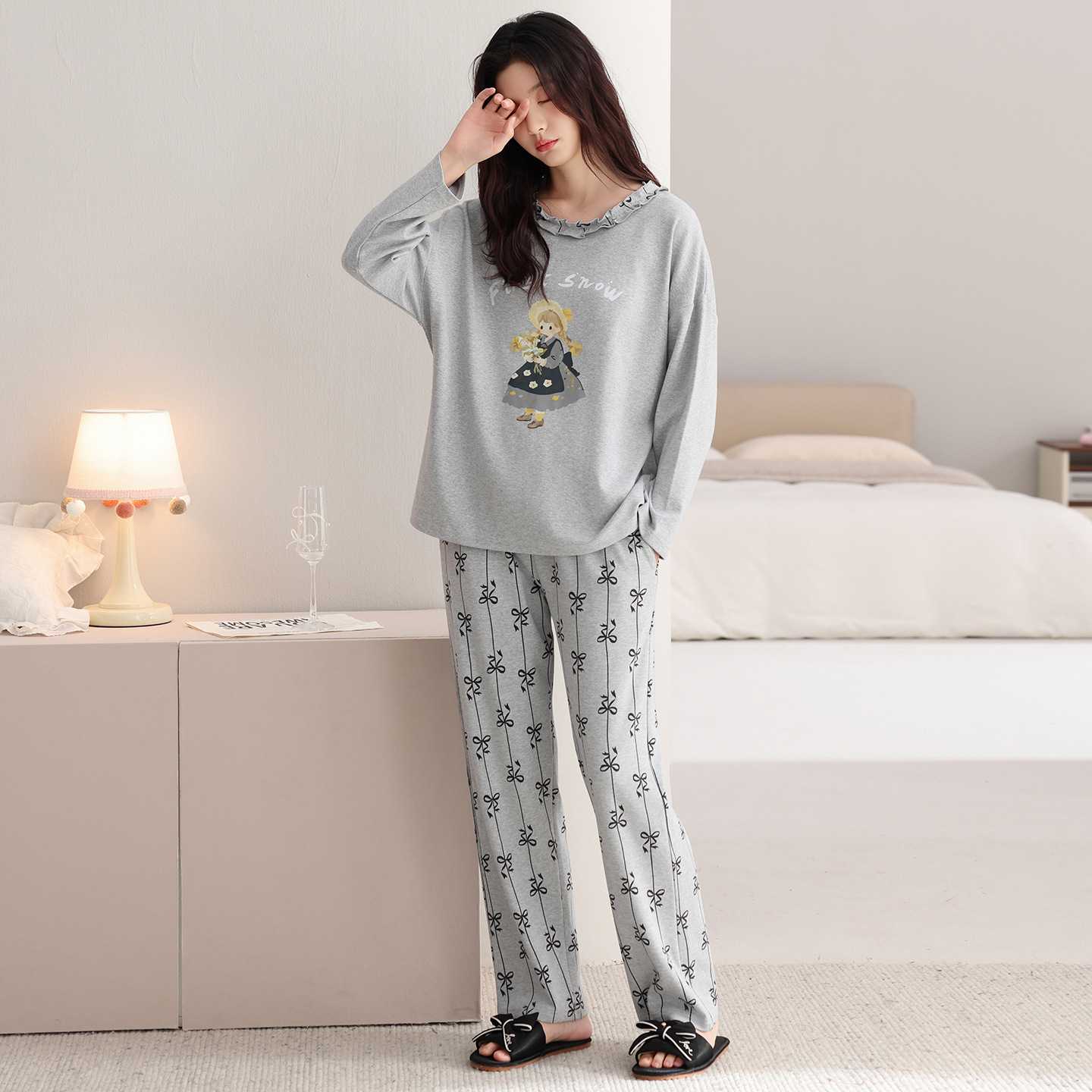 专柜睡衣女士春秋季秋款纯棉长袖长裤家居服休闲胖mm大码灰色圆领