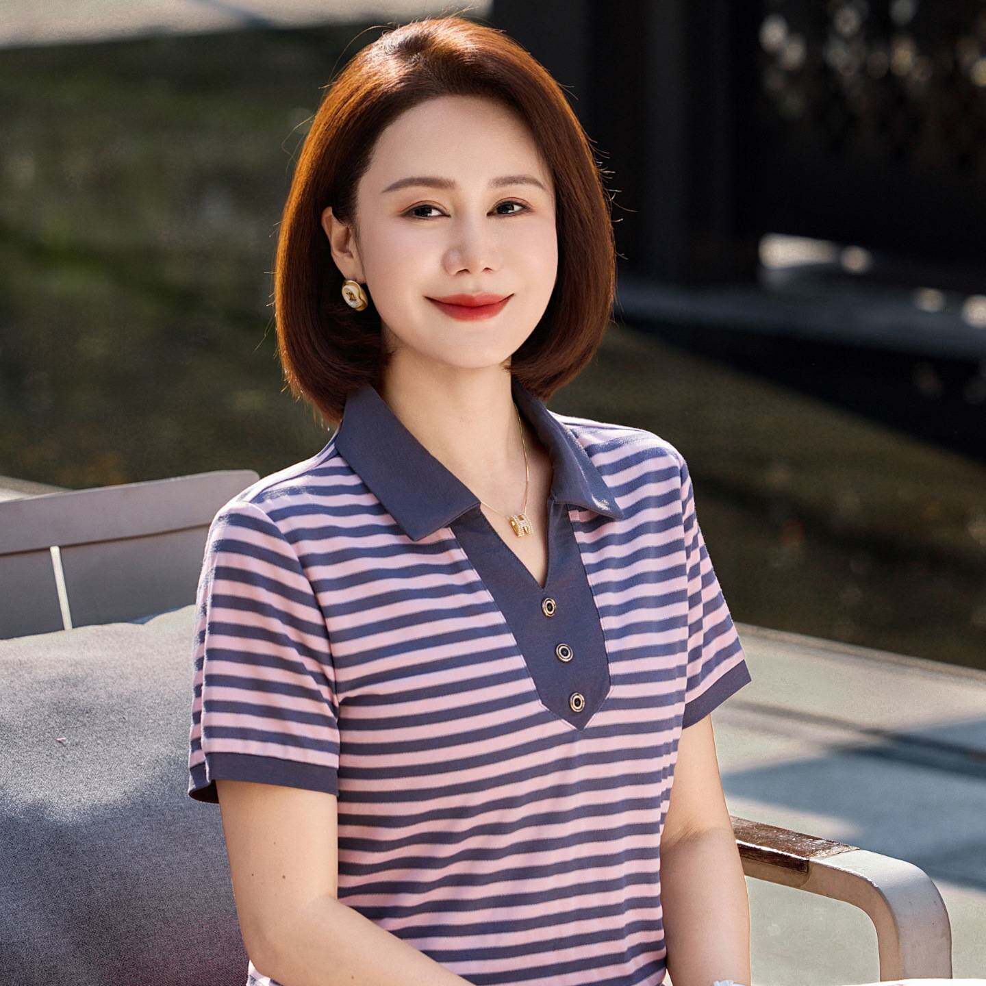 专柜品牌品牌休闲运动套装女夏中老年妈妈翻领polo衫短袖阔腿裤晨