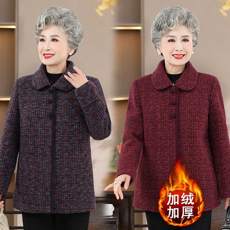 专柜中老年人秋冬装女加绒奶奶水貂绒外套妈妈毛呢上衣老太太加厚