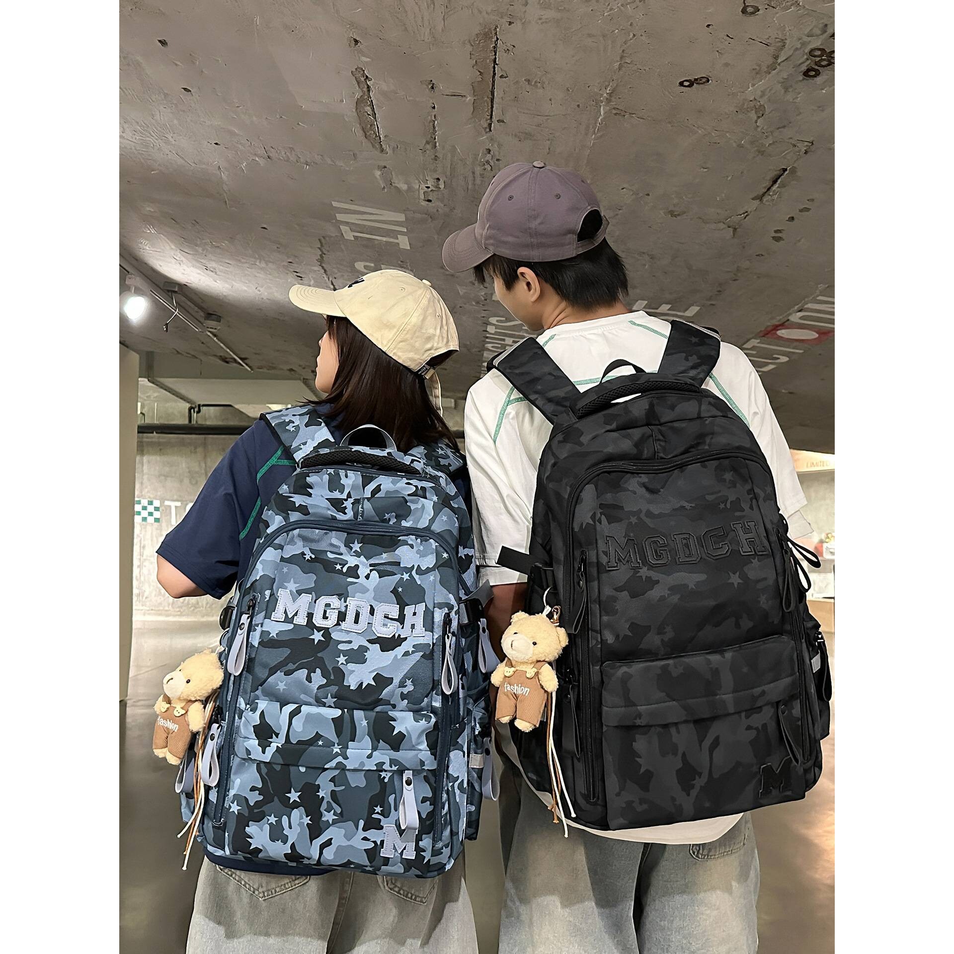 专柜苍调蓝灰迷彩字母书包情侣美式工装风体育生训练气垫款百搭双