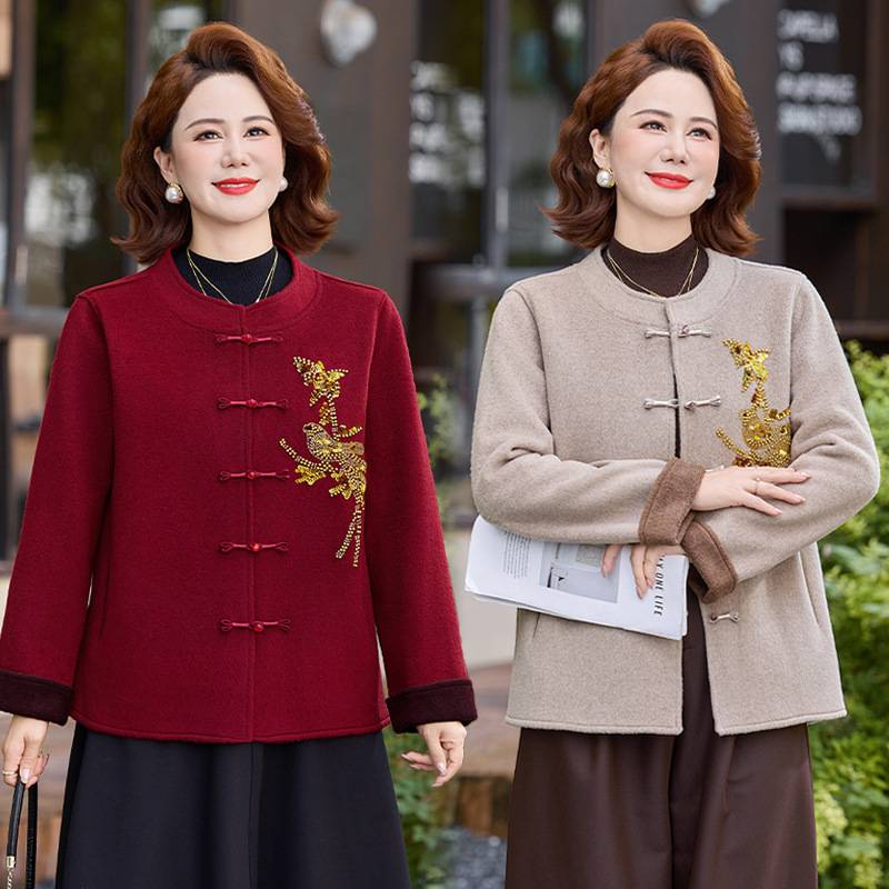 专柜妈妈秋冬新款双面呢婚宴正装外套中老年女装洋气减龄高档毛呢