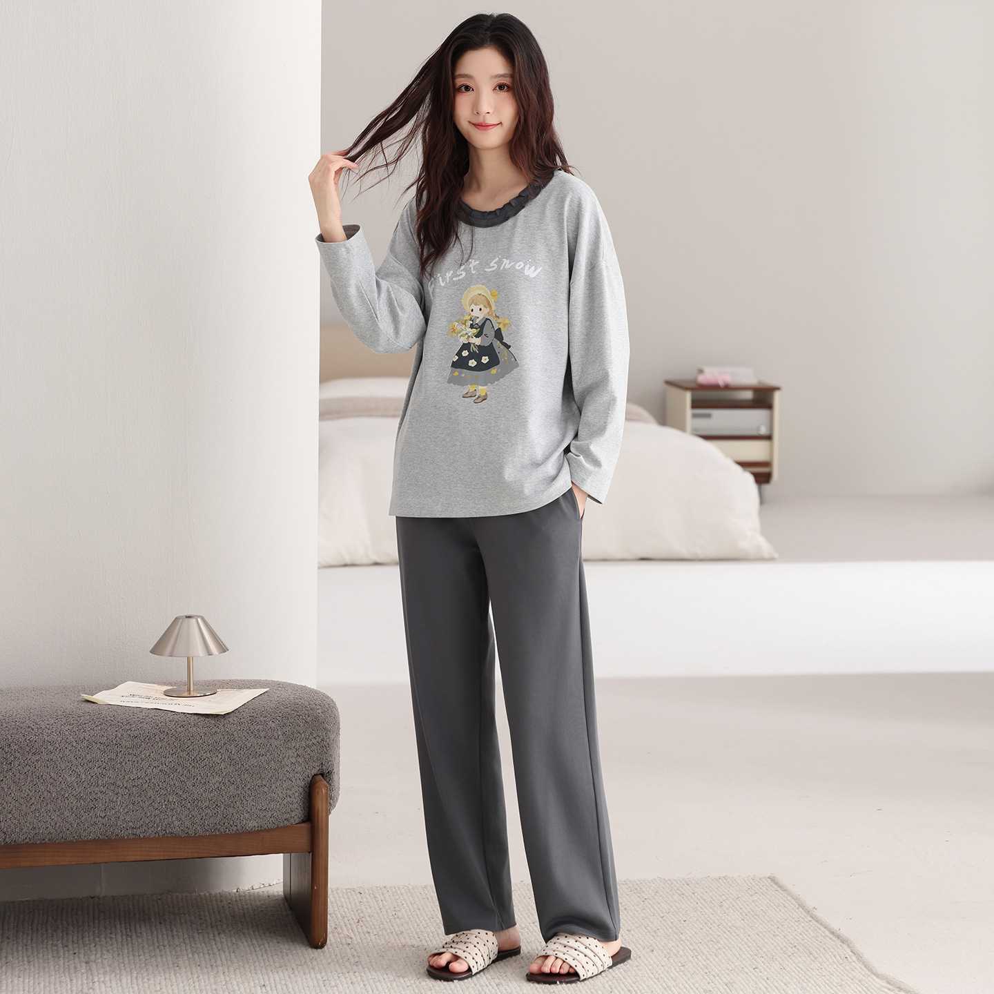 专柜睡衣女秋季纯棉长袖长裤新款圆领居家灰色休闲宽松弛感家居服