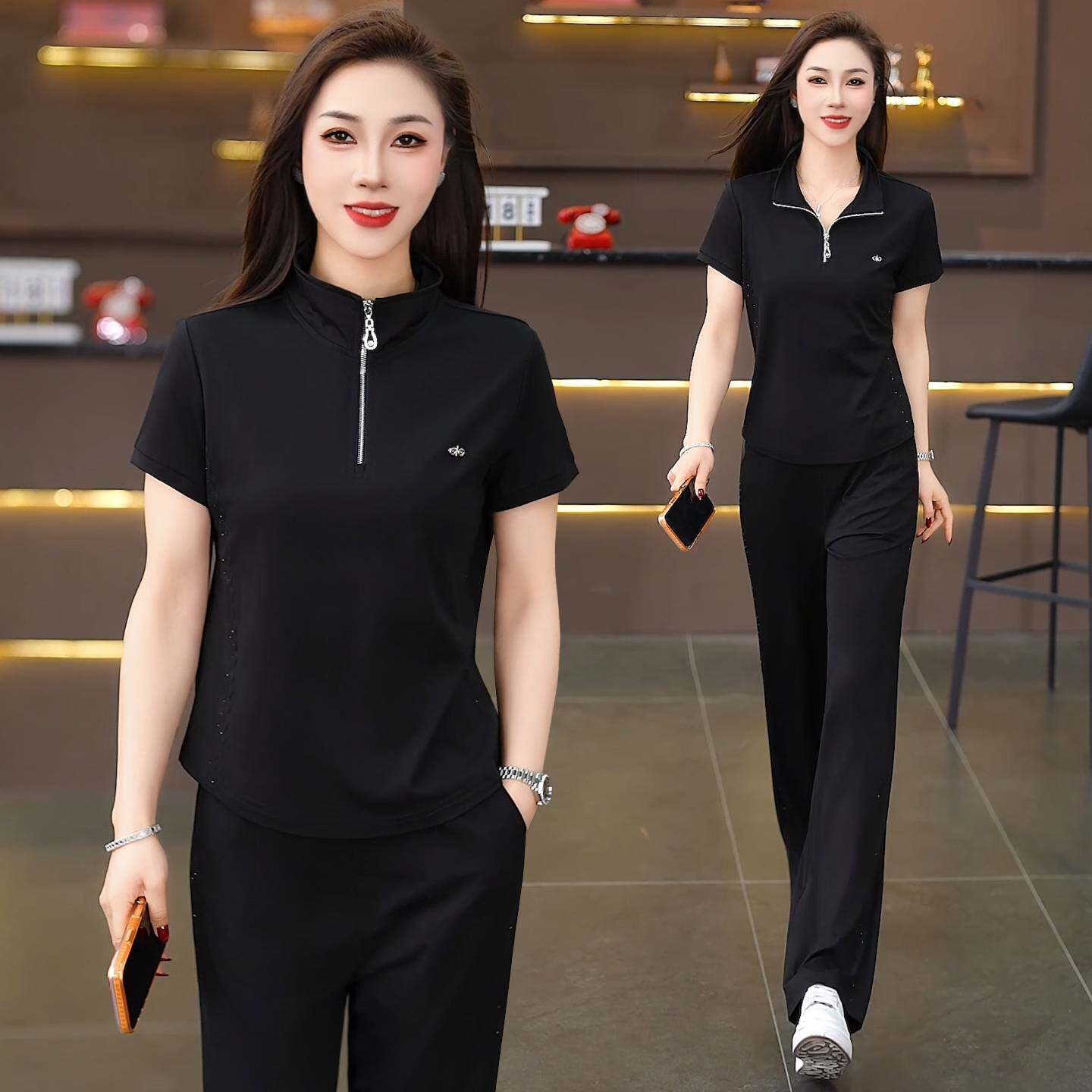 专柜品牌时尚运动套装女2026夏季新款短袖立领拉链宽松显瘦休闲冰