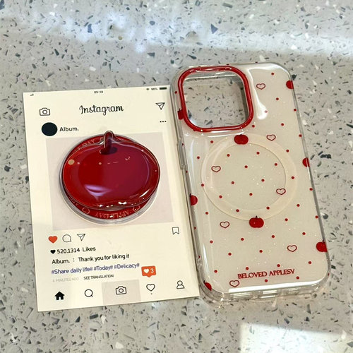 韩系红色波点爱心苹果适用iphone16promax苹果15pr手机壳14磁吸13