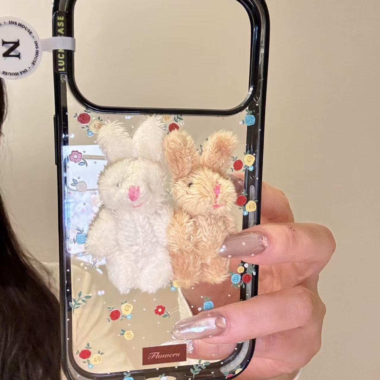 萌系透底满屏碎花毛绒兔子适用ihone17promax苹果15pro手机壳14治愈系软萌可爱萌宠甜美防摔保护壳