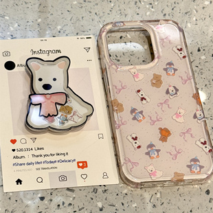 韩系粉蝴蝶结小狗适用ihone16promax苹果15pro手机壳14摇摇乐13