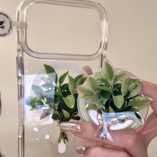 小清新闪粉写实水滴柚子叶适用于iphone17promax苹果16p手机壳15p唯美小清新创意防摔保护壳