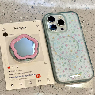 透蓝彩色小花镜面支架适用ihone16promax苹果15pro手机壳14磁吸13
