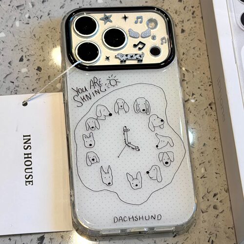 童趣可爱线条围圈时钟小狗适用于iphone17promax苹果16p手机壳15可爱卡通童趣创意新款防摔