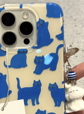 卡通可爱满屏蓝色小猫适用iphone16promax苹果15pr手机壳14新款13