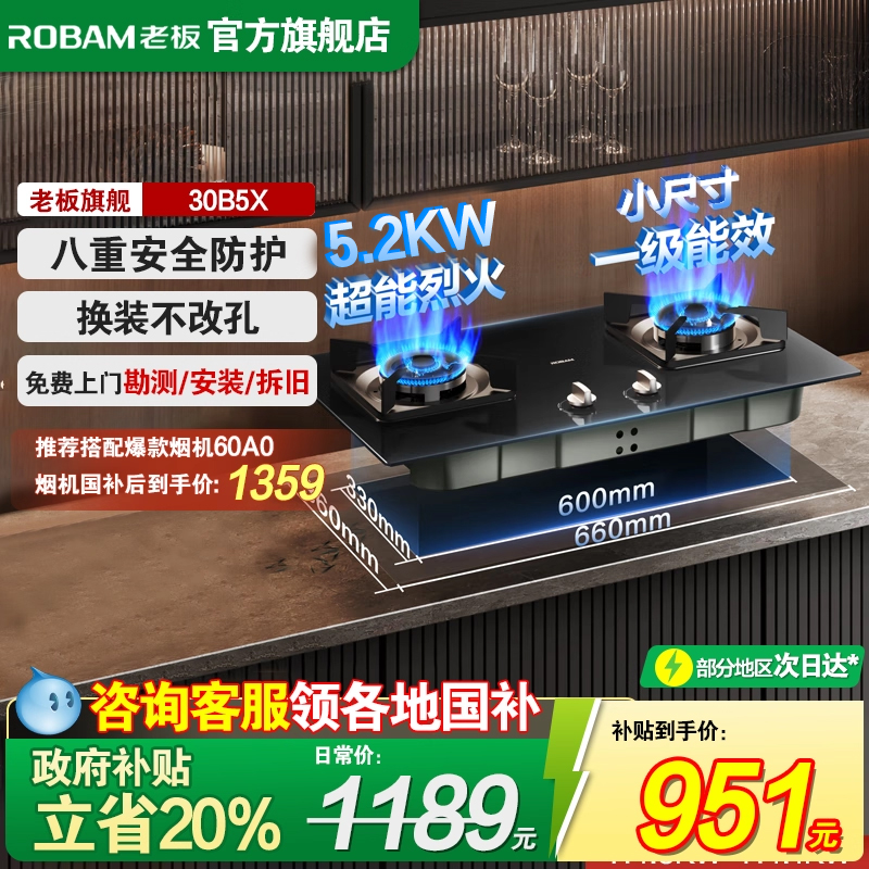 【小灶王】老板E1/E1L定时燃气灶大火力双灶台猛火厨房灶具官方