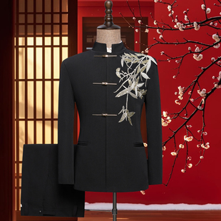 新中式黑色中山装男立领订婚礼服演出服男中国风主持人服装合唱服