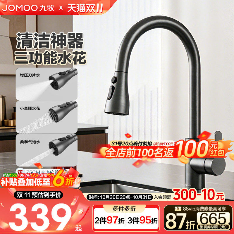 【政府补贴】九牧厨房冷热水龙头抽拉式枪灰家用冷热菜盆水槽防溅