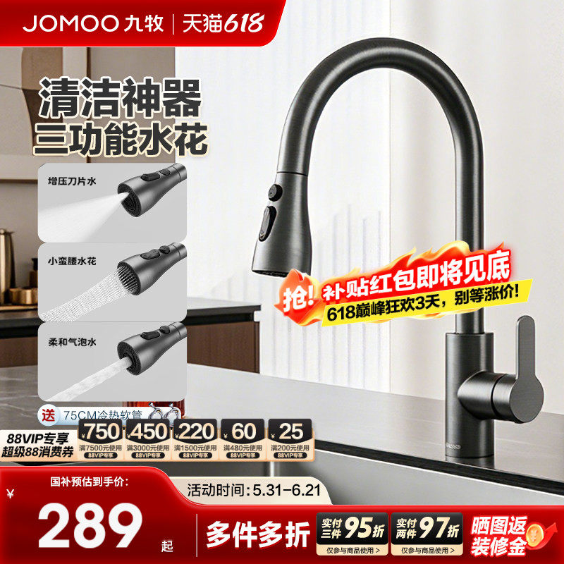 【新品】九牧厨房冷热水龙头抽拉式枪灰家用冷热水洗菜盆水槽防溅