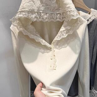 大码蕾丝拼接连帽衫长袖坑条长袖T恤女秋冬装新款甜酷打底衫上衣