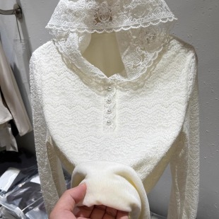 洋气减龄甜酷打底衫 新款 上衣 女2025冬季 设计感加绒加厚连帽蕾丝衫