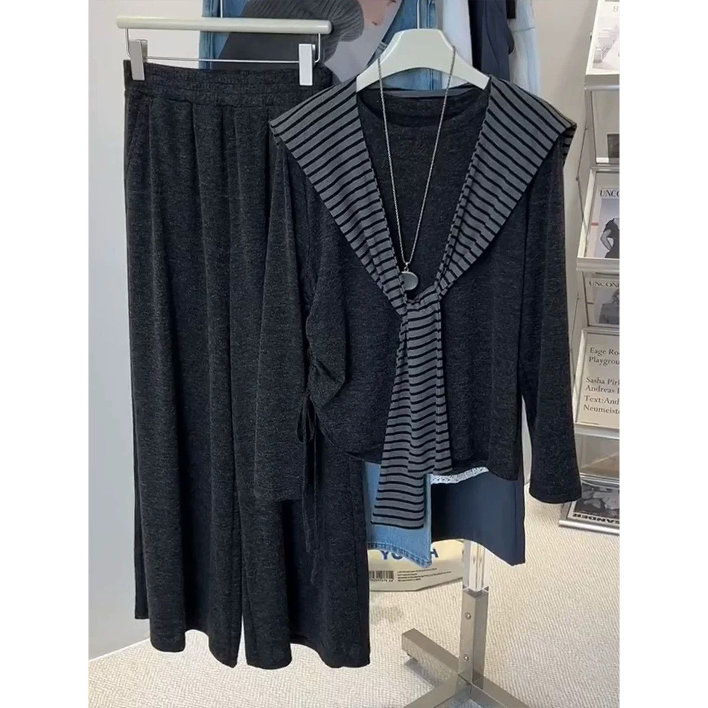 大码胖MM早秋新款一整套灰色休闲运动服长袖上衣阔腿裤两件套装女