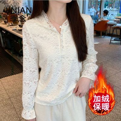 法式重工加绒连帽蕾丝衫女2025秋冬新款独特超好看内搭打底衫上衣
