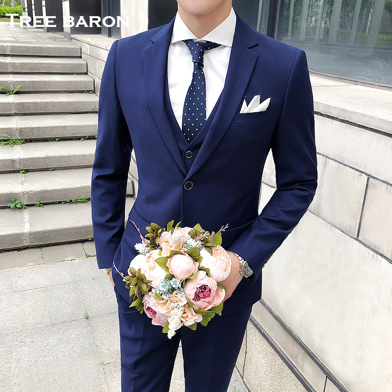 新郎西服套装男士三件套结婚礼服伴郎小西装修身商务职业正装夏季