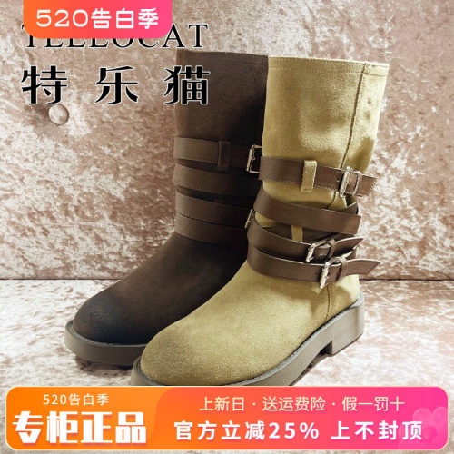 正品TELLOCAT特乐猫女鞋热销秋新款牛皮粗中跟短靴TJX43D85517