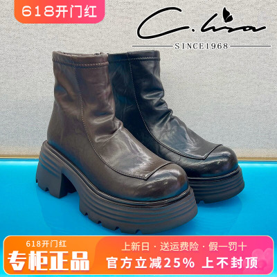 正品康妮丽莎女鞋2025冬季新款绒里圆头舒适粗跟短靴CJY54R20801