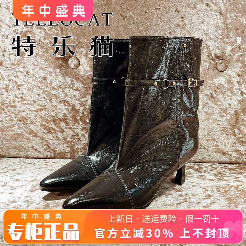 正品TELLOCAT特乐猫2025冬新款牛皮尖头高跟细跟中靴THD54R58501