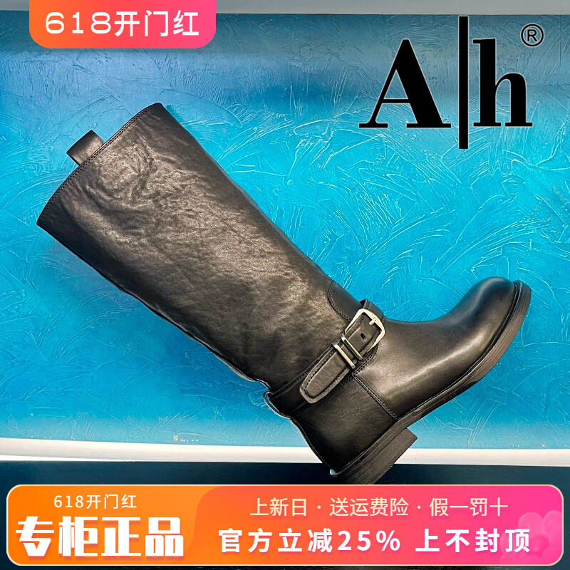 正品Ah女鞋2025冬季新款时尚牛皮圆头粗跟时装靴长靴ANS53D62903