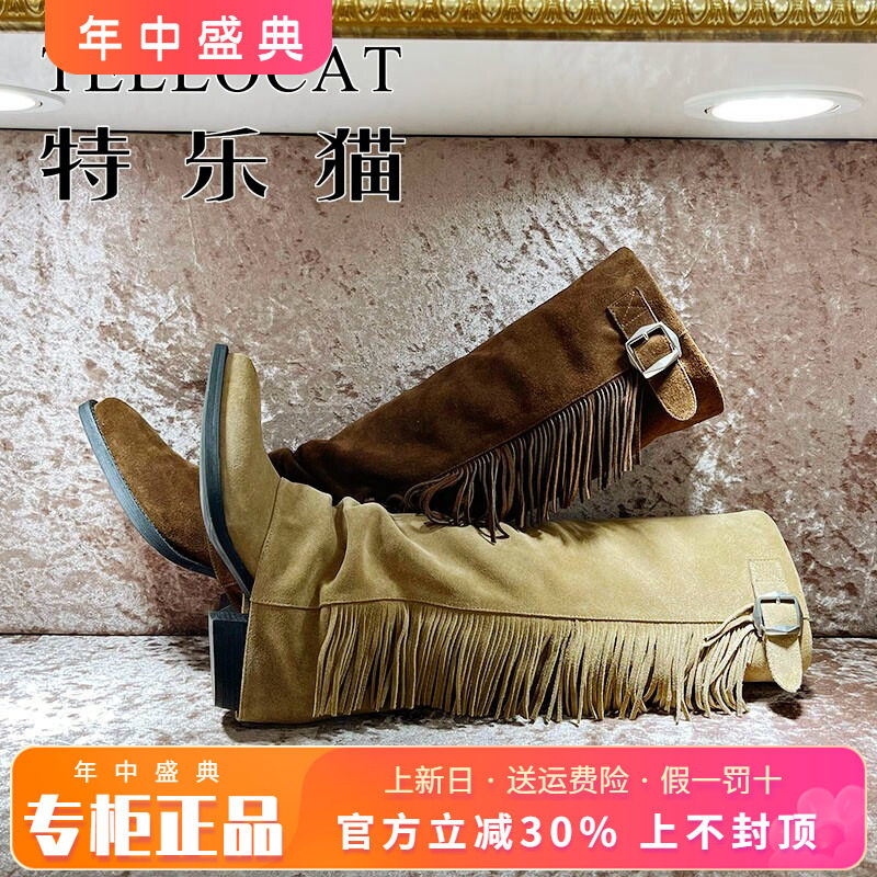正品TELLOCAT特乐猫2025冬新款牛皮圆头中跟粗跟长靴TXY53D02606