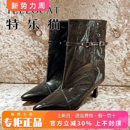 正品TELLOCAT特乐猫2025冬新款牛皮尖头高跟细跟中靴THD54R58501