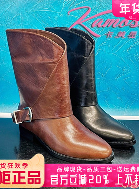正品卡美星女鞋2025冬款圆头牛皮中跟粗跟时尚中筒靴KBS53D61602