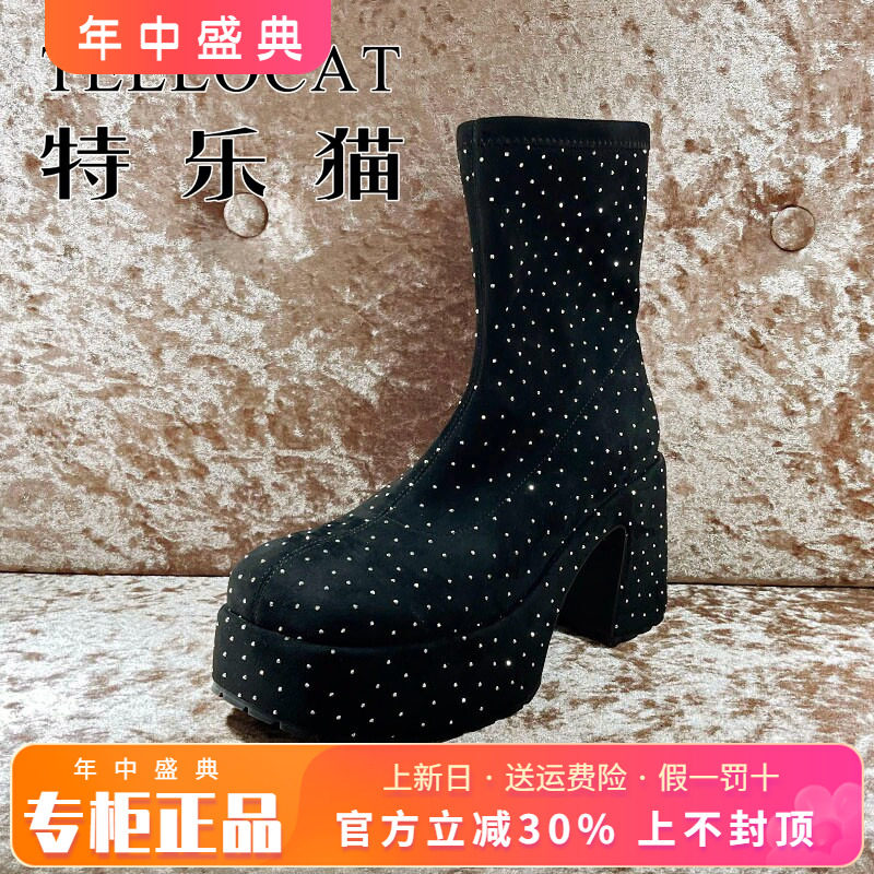正品TELLOCAT特乐猫2025秋新款水钻高跟水台底短靴TAJ53D35T09