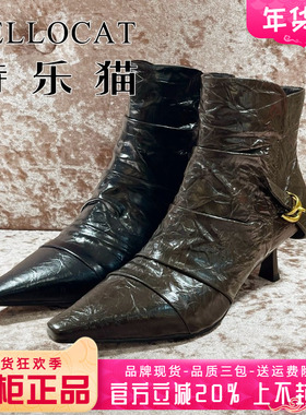 正品TELLOCAT特乐猫女靴2025秋新款牛皮高跟尖头短靴TGH53D50528
