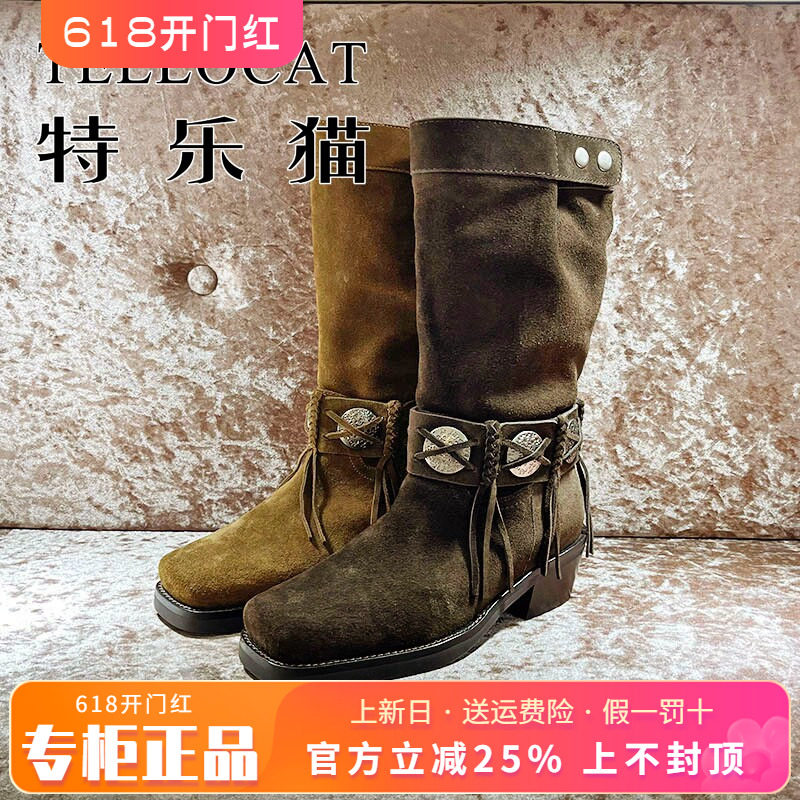 正品TELLOCAT特乐猫2025冬新款牛皮方头中跟粗跟长靴TXY53D05909