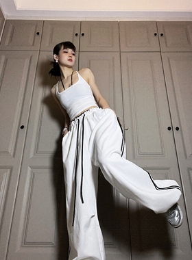 新款撞色四色两条杠运动裤子爵士女直筒宽松百搭休闲工装阔腿裤潮