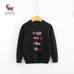 2024秋冬季新款女童毛衣黑色男童羊绒衫圆领儿童打底羊毛衫潮童装