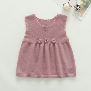 洪叶云台女童羊绒衫背心宝宝半身裙毛衣儿童马甲羊毛衫烟粉色贴花