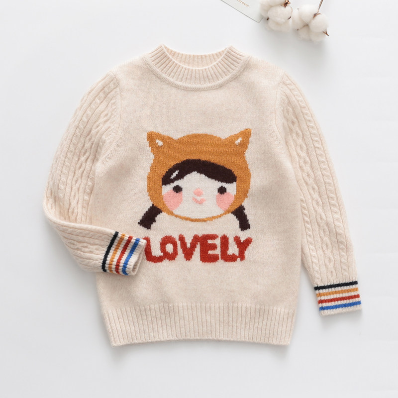 洪叶云台高档山羊绒儿童针织衫宝宝卡通图案半高领毛衣女童羊毛衫