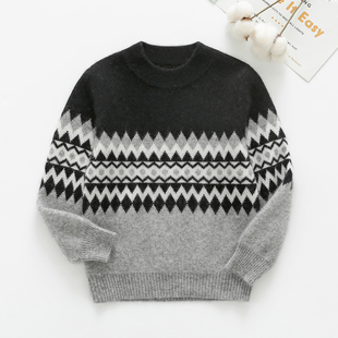 山羊绒童装黑灰条纹拼色男童羊毛衫男宝宝半高领厚款中大童毛衣