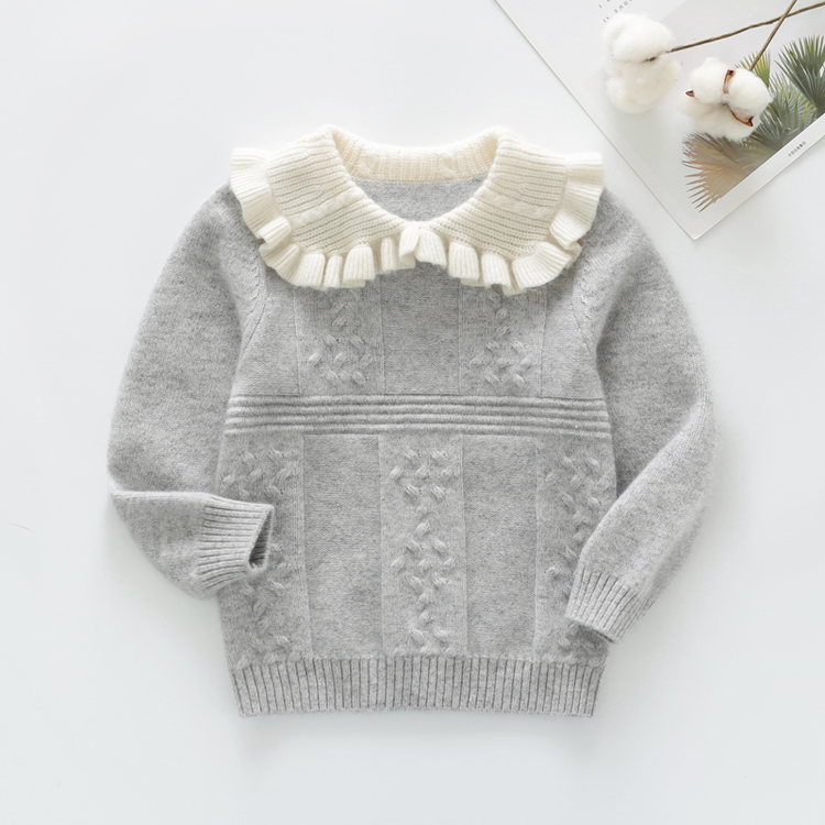 2024新款女童毛衣大翻领儿童羊绒衫灰色套头针织羊毛外套韩版冬款