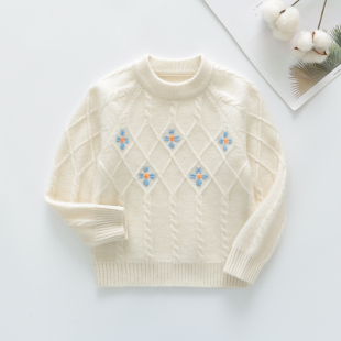 儿童羊绒衫高端童装女童毛衣绣花针织衫女孩菱形绞花韩版童装白色