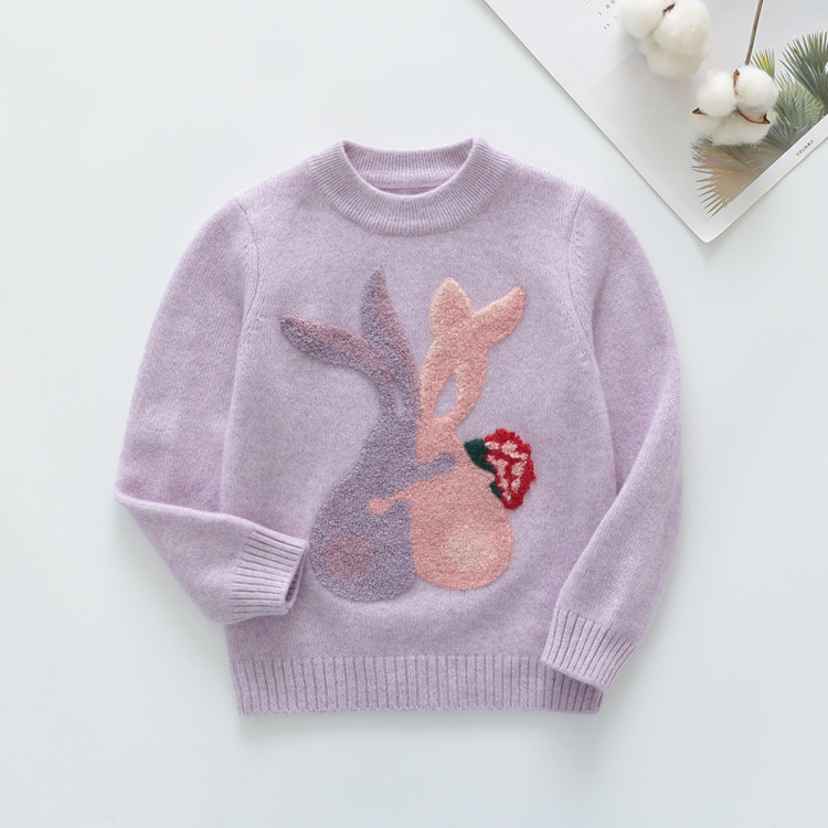 康赛妮纱线100%纯山羊绒女童毛衣卡通兔子紫色儿童针织衫洋气新款