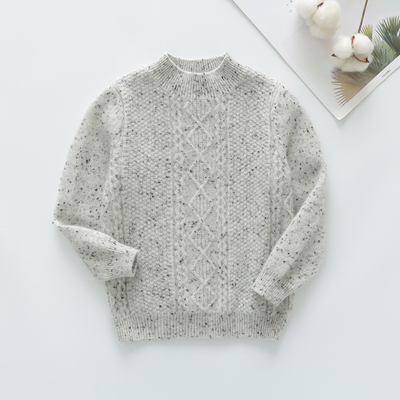 康赛妮纱线100%高端男童羊绒衫花线半高领毛衣灰色绞花儿童针织衫
